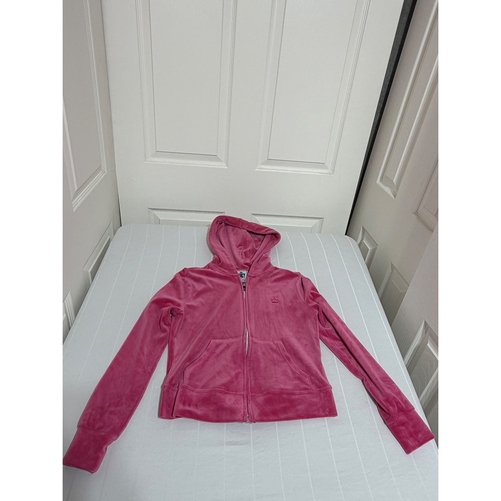 Juicy by Juicy Couture Pink Velour Zip Up Hoodie Crown Logo XS Y2K Style